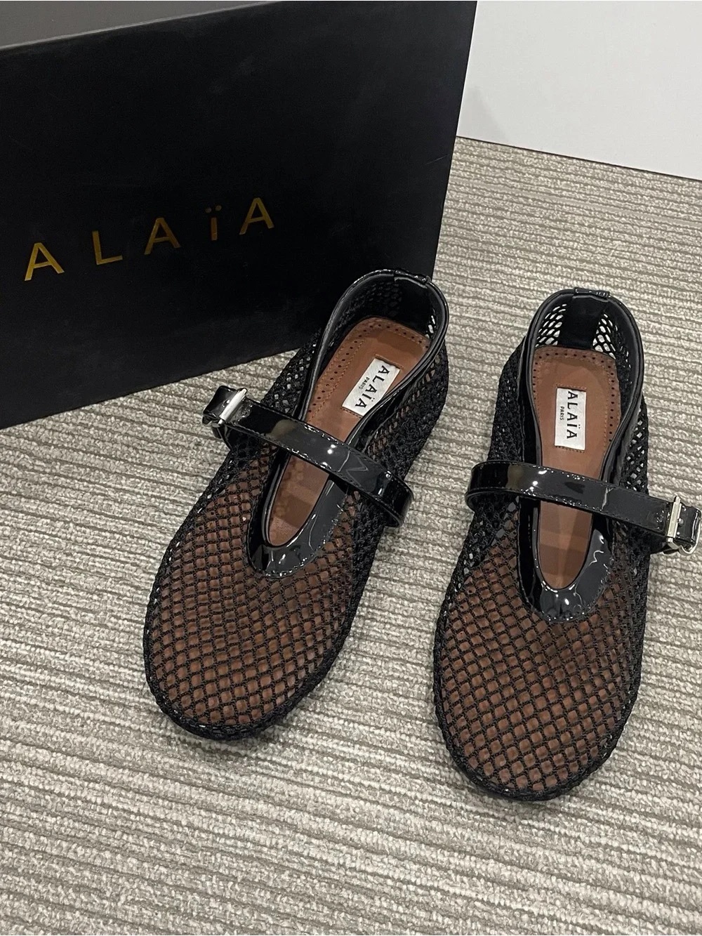 Alaia Black Mesh Mary Jane Flats with Patent Strap